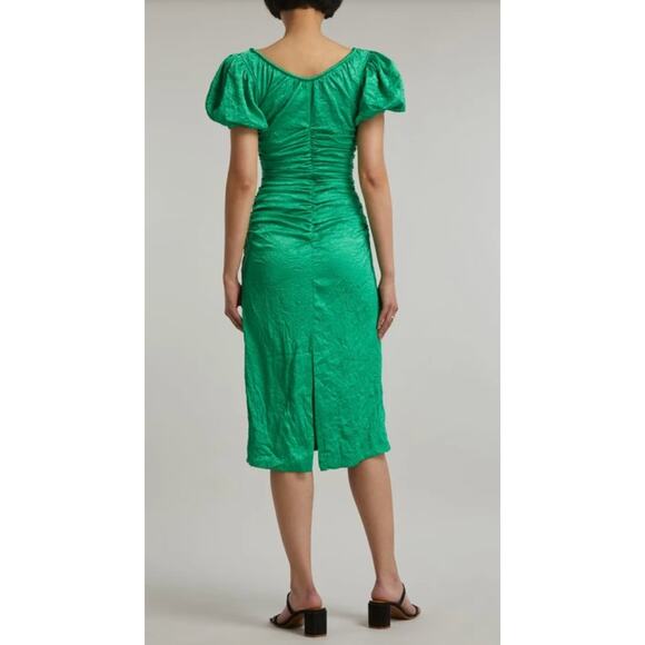 GANNI EU 38 green ruched puff shoulder holiday Midi Dress - Picture 8 of 10